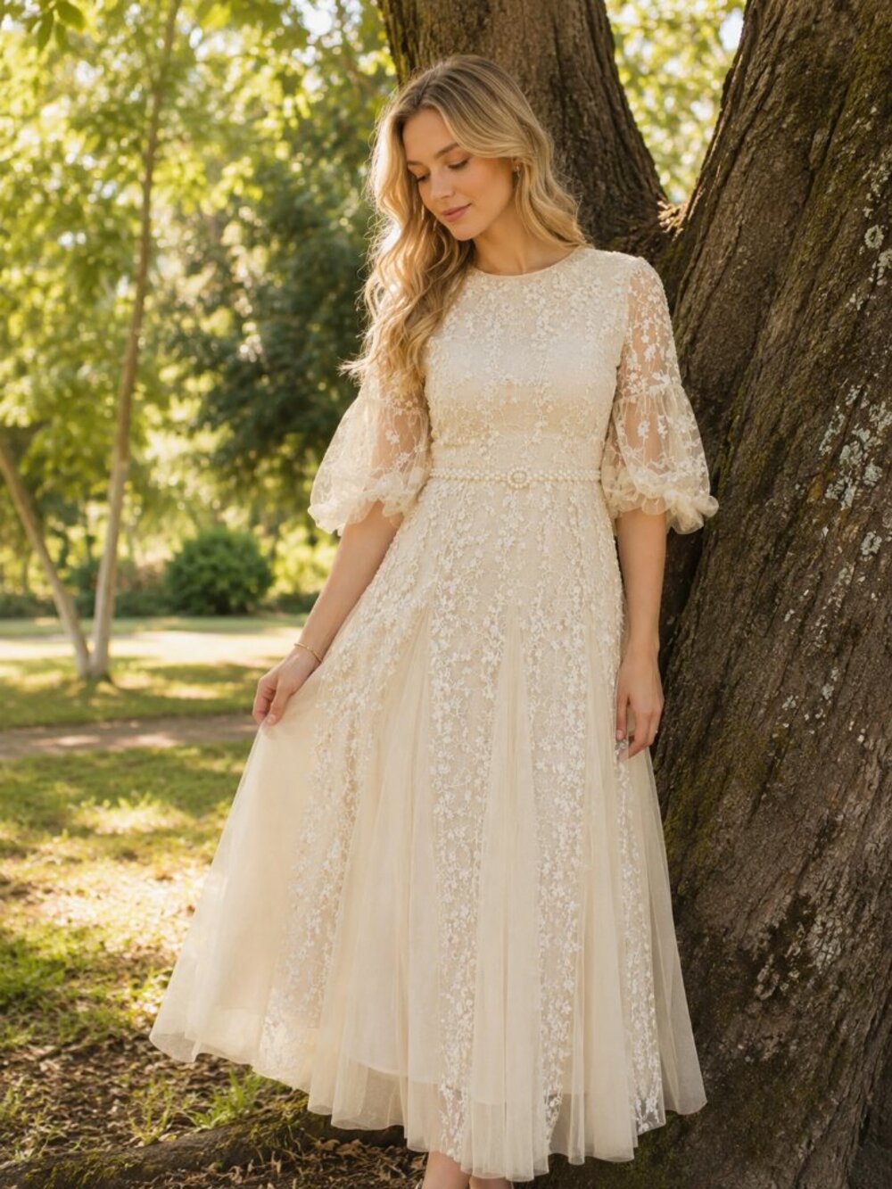 elegant beige floral-embroidered tulle formal dress